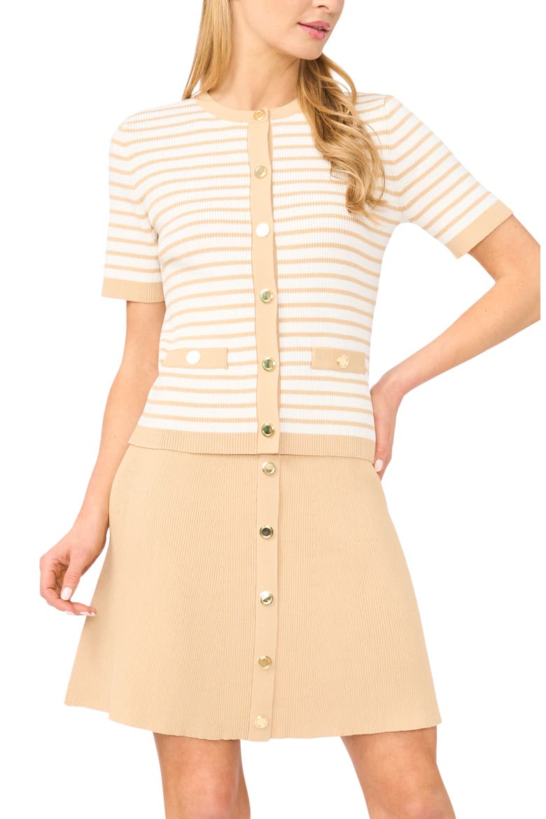 Stripe Short Sleeve Cardigan, Main, color, PEBBLE