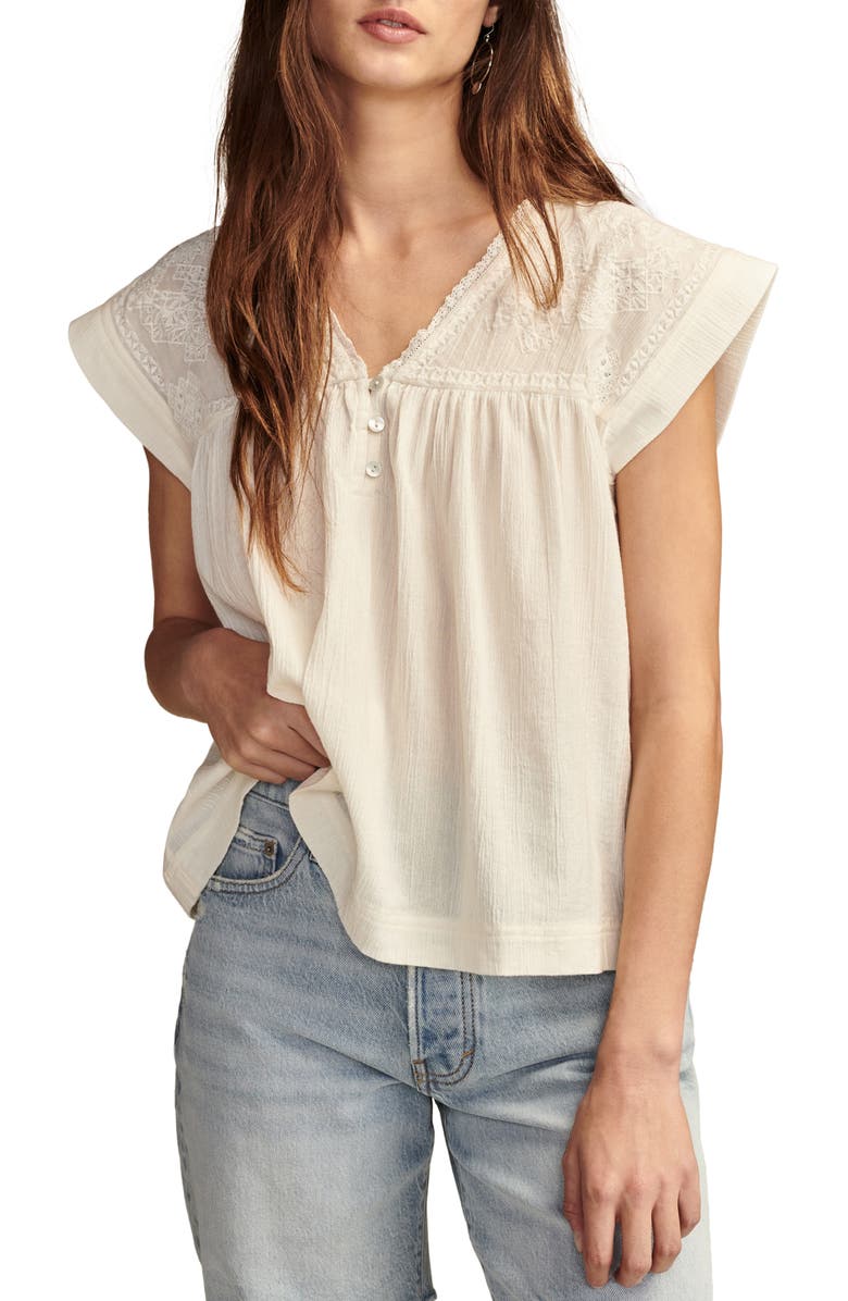 Lucky Brand Embroidered Yoke Cotton Gauze Top, Main, color, Gardenia