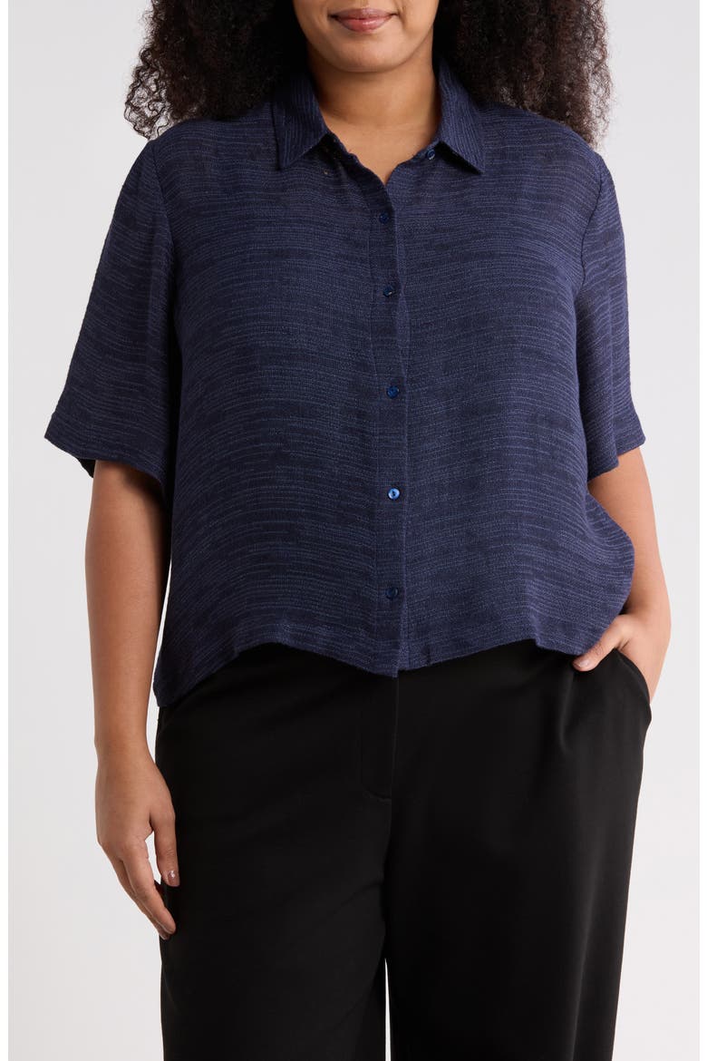 Classic Collar Elbow Sleeve Organic Linen Blend Button-Up Shirt, Main, color, INK