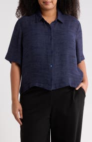 Eileen Fisher Classic Collar Elbow Sleeve Organic Linen Blend Button-Up Shirt
