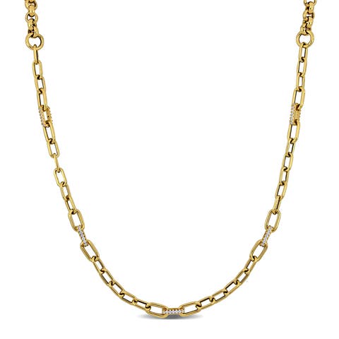 Cubic Zirconia Rolo & Rectangle Link Necklace 14k