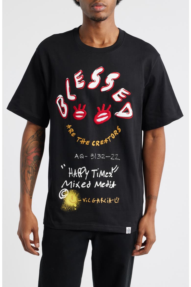 Blessed Embroidered Cotton Graphic T-Shirt, Main, color, BLACK