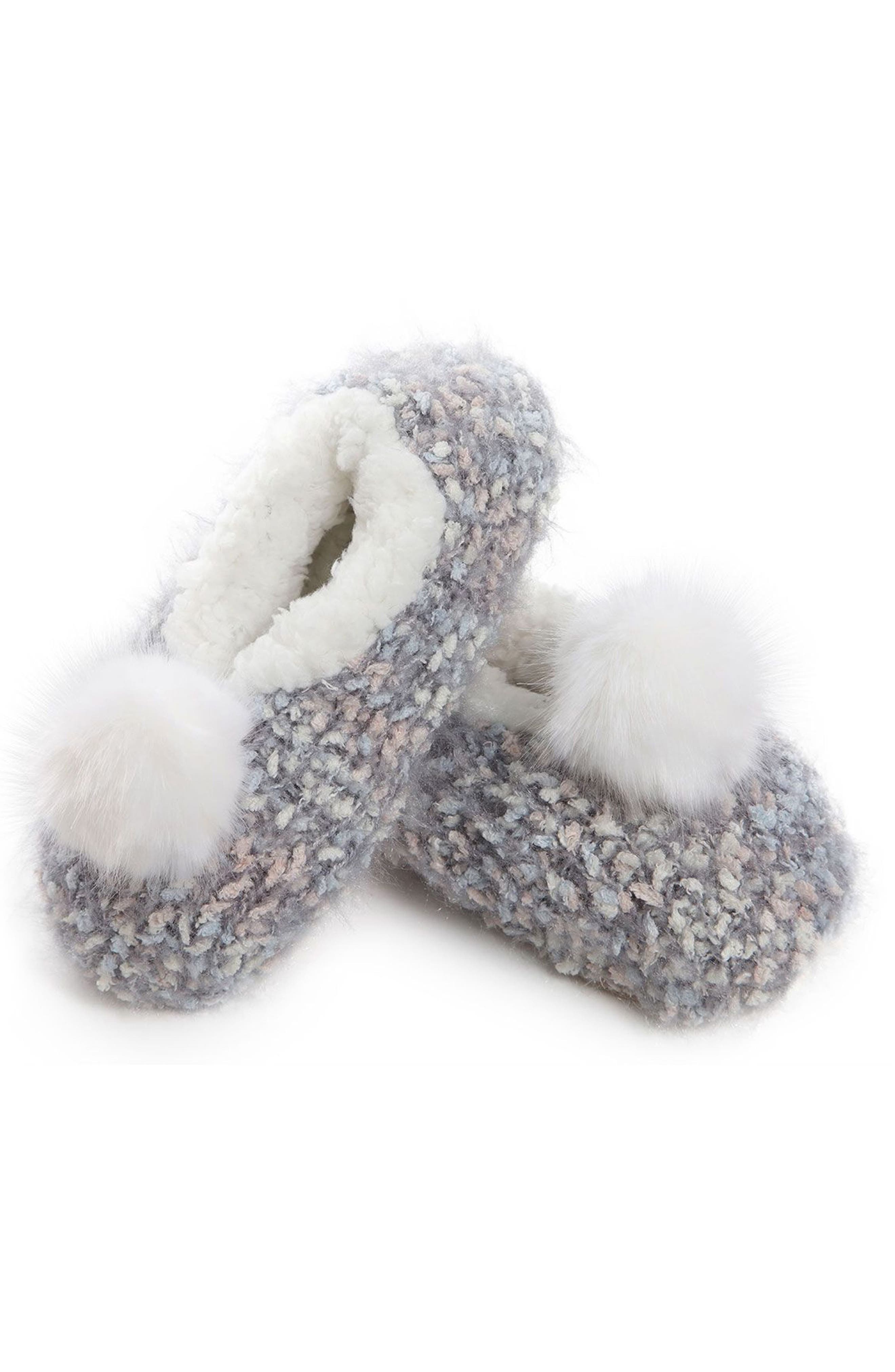 Faux Fur Pompom Faux Shearling Lined Slipper Socks, Main, color, PASTEL GREY