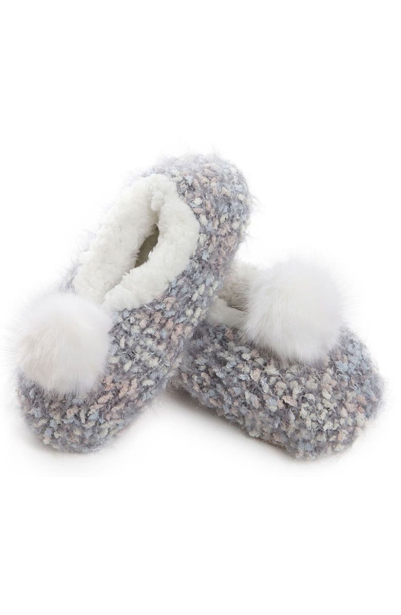 MeMoi Faux Fur Pompom Faux Shearling Lined Slipper Socks, Main, color, Pastel Grey