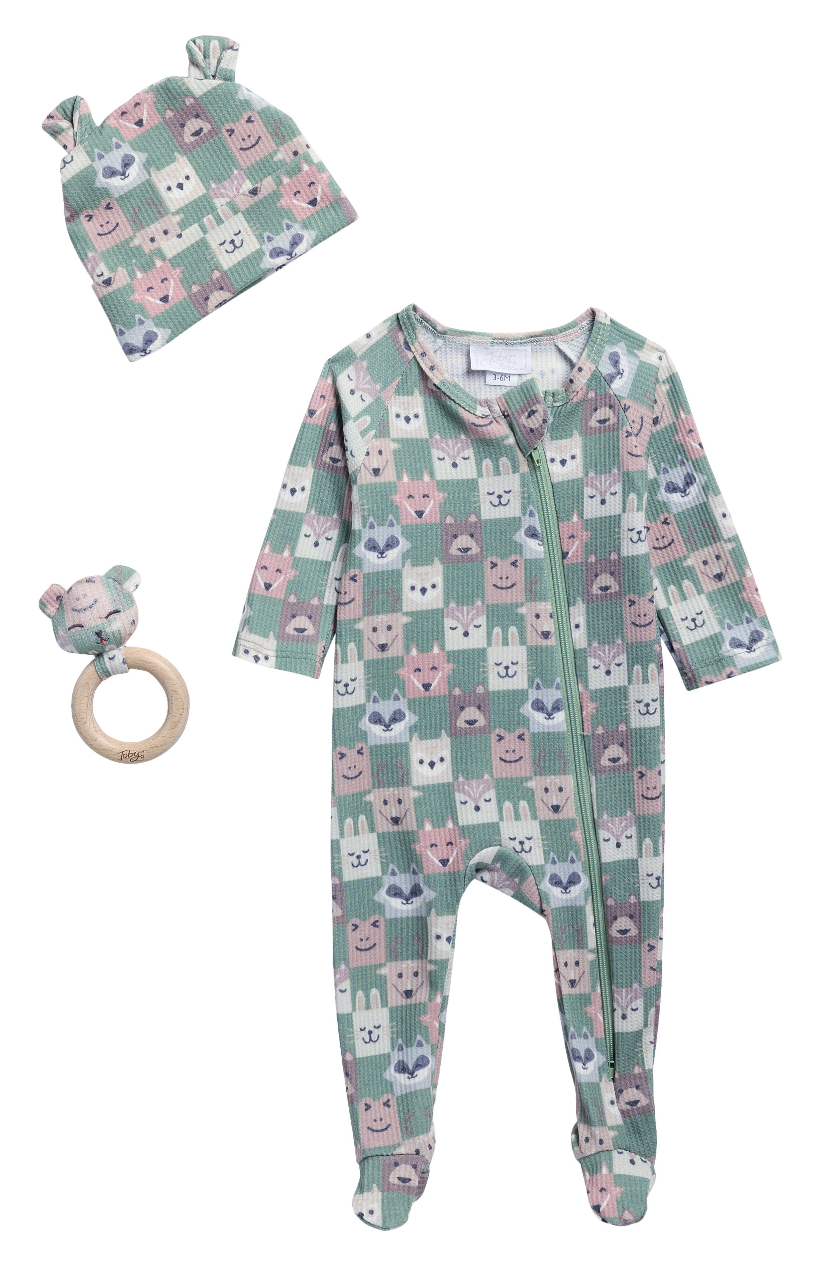 Toby Animal Print Waffle Knit Footie, Hat & Teether Set