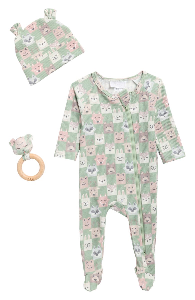 Toby Animal Print Waffle Knit Footie, Hat & Teether Set, Main, color, Laurel Green