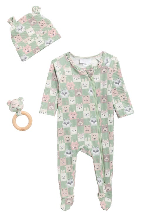 Animal Print Waffle Knit Footie, Hat & Teether Set (Baby)