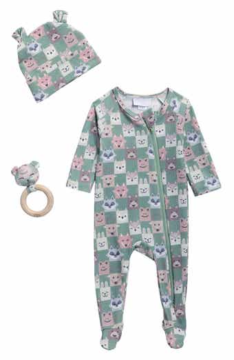 Toby Animal Print Waffle Knit Footie, Hat & Teether Set