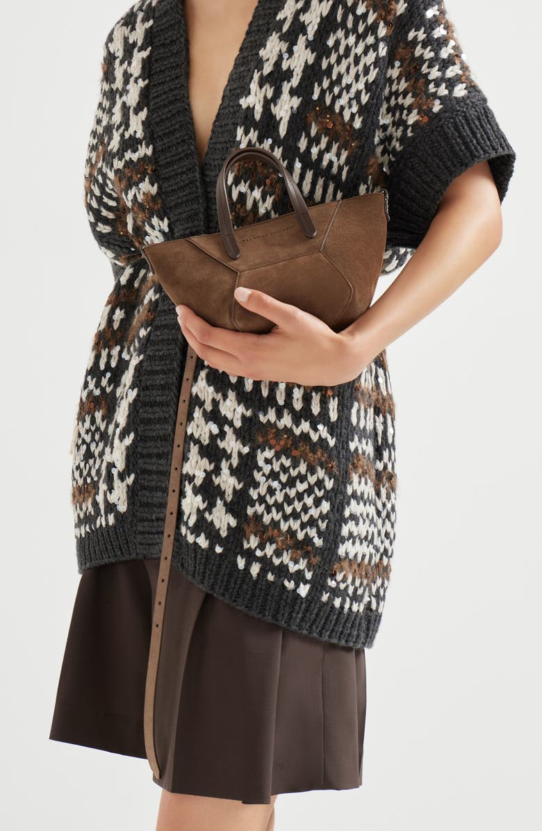 Brunello Cucinelli Suede mini BC Duo bag, Alternate, color, Bark