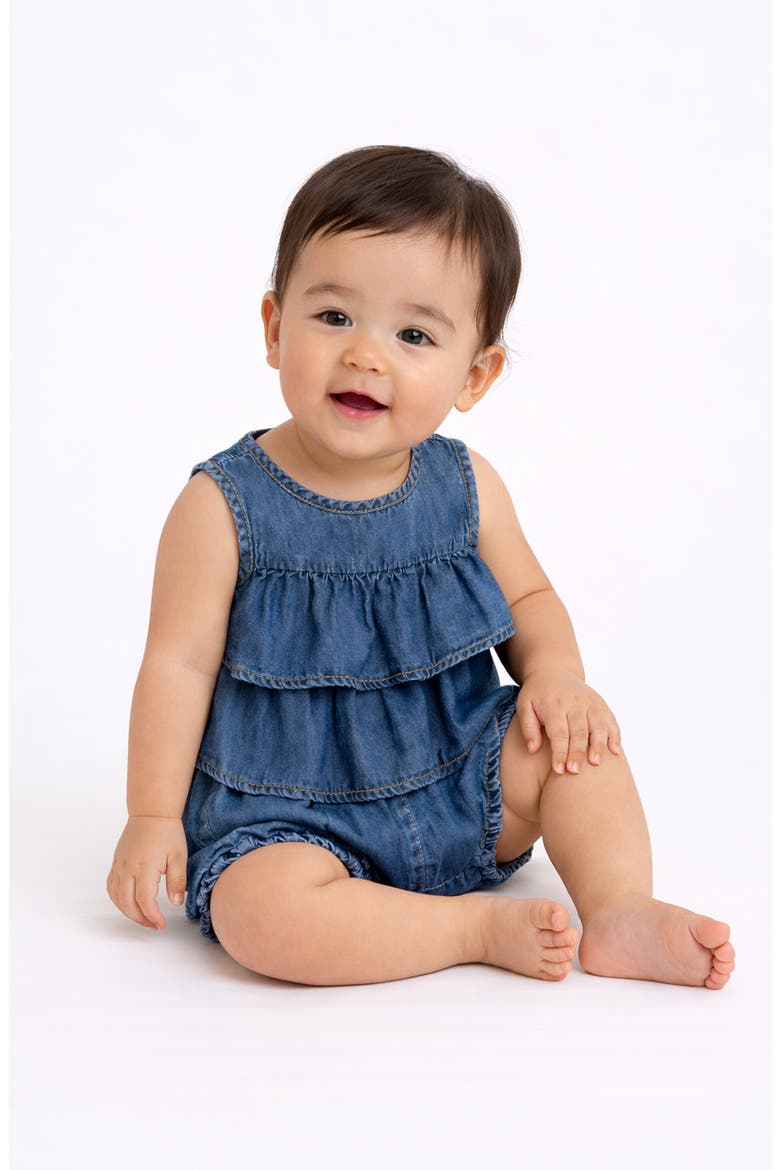 Tiered Cotton Denim Bubble Romper, Alternate, color, DENIM