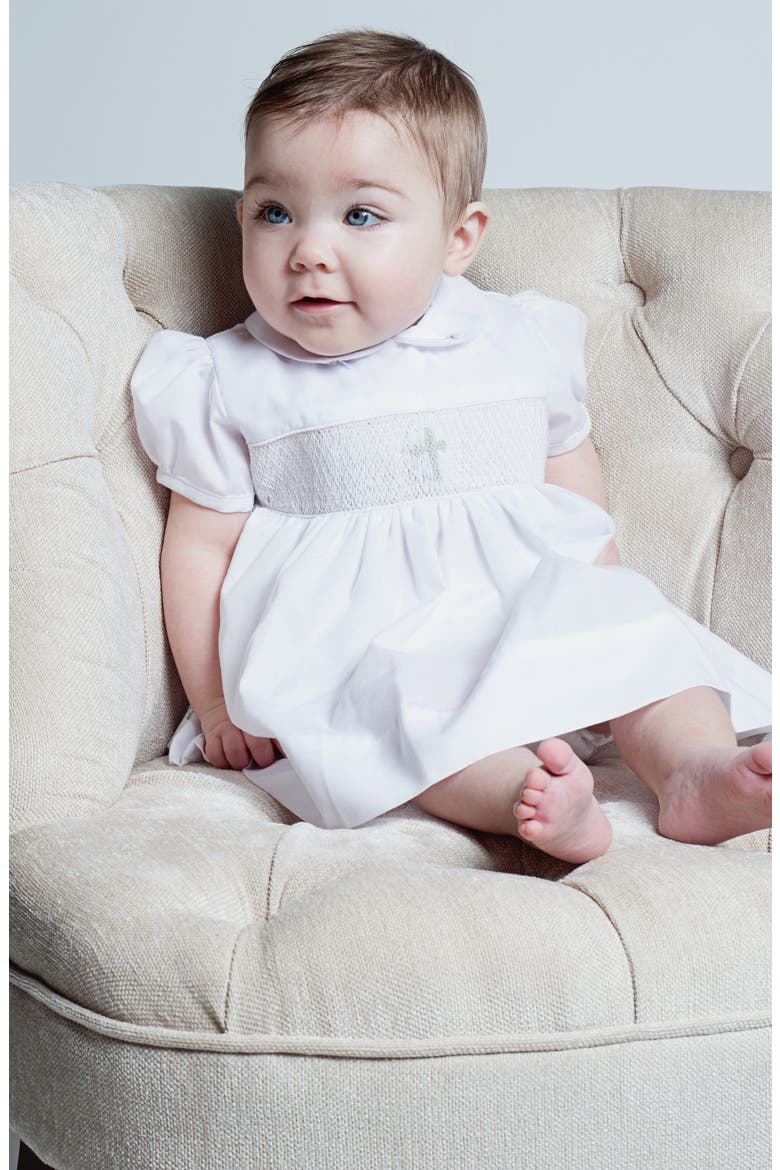 Smocked Inset Christening Gown & Bonnet Set, Alternate, color, WHITE