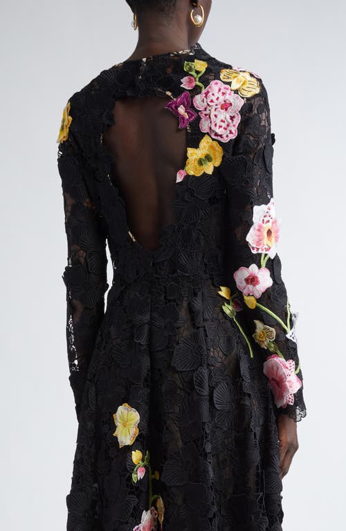 Oscar De La Renta Orchid Threadwork Long Sleeve Floral Lace Fit & Flare Gown In Black