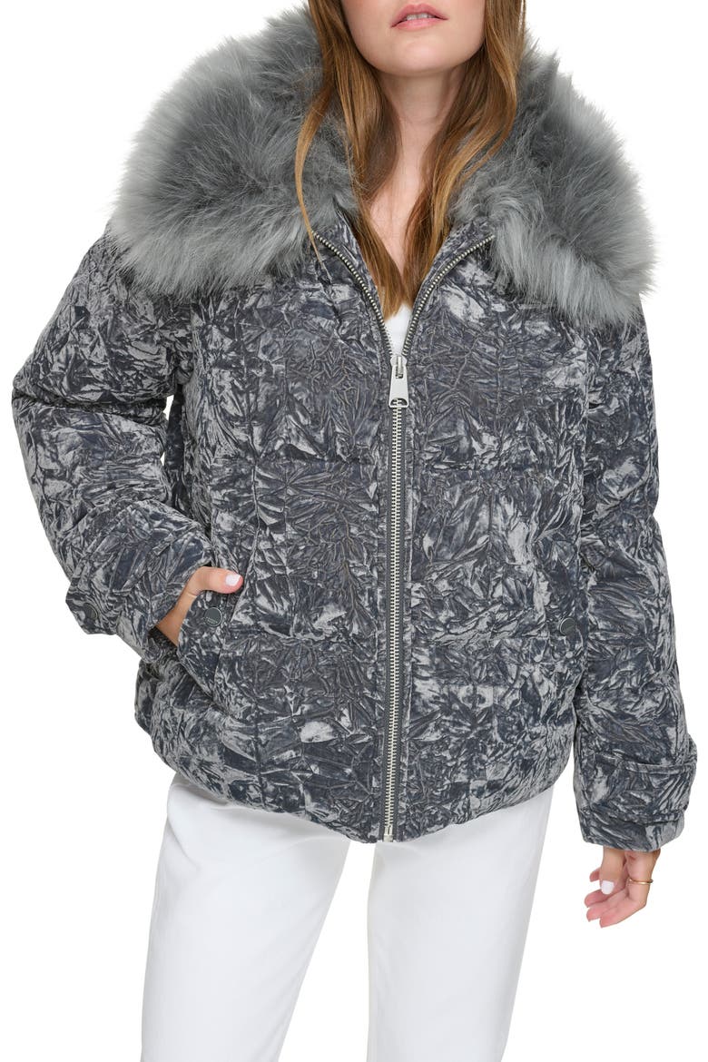Charleroi Faux Fur Collar Down & Feather Fill Velvet Puffer Jacket, Alternate, color, PEPPERCORN
