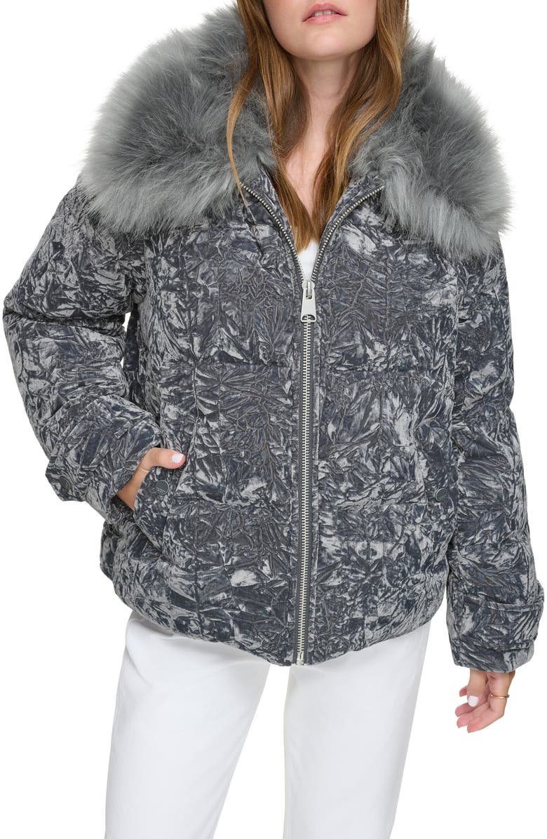 Andrew Marc Charleroi Faux Fur Collar Down & Feather Fill Velvet Puffer Jacket, Alternate, color, Peppercorn