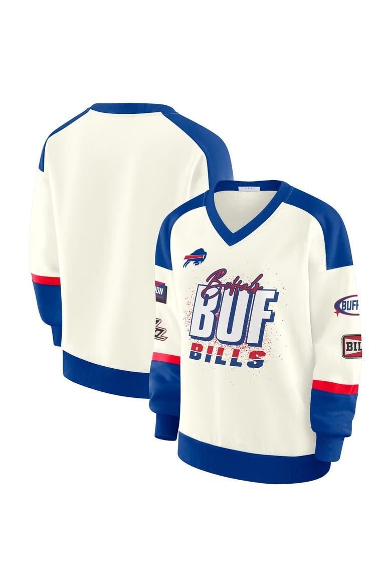 Women's WEAR by Erin Andrews  Cream Buffalo Bills Racing Crew V-Neck Sweatshirt, Main, color, Cream