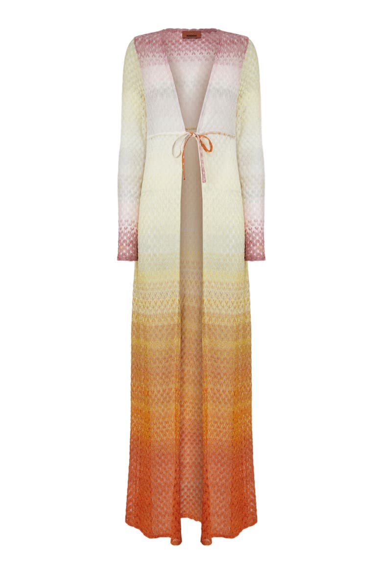Cardigan In Lamé Viscose With Dégradé Spiderweb Motif, Alternate, color, Orange