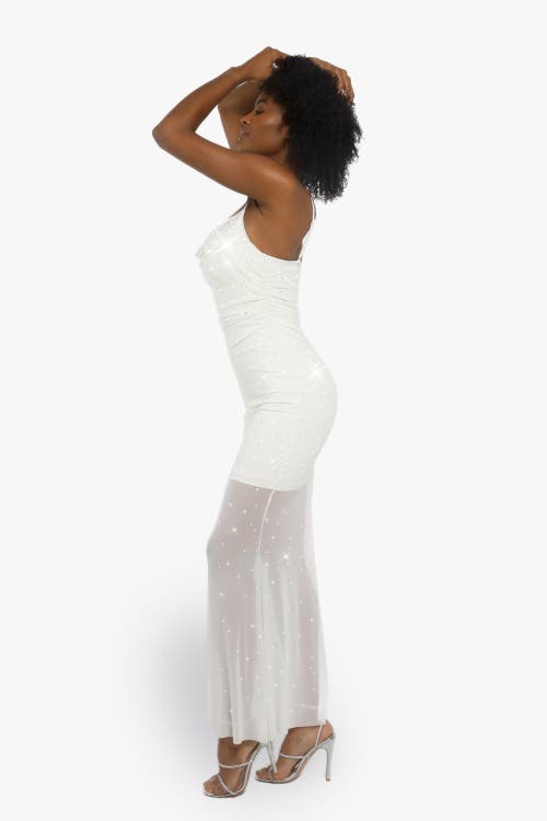 Popilush Shapewear Heat-set Crystal Mesh Slimming Maxi Slip Dress In Pure White