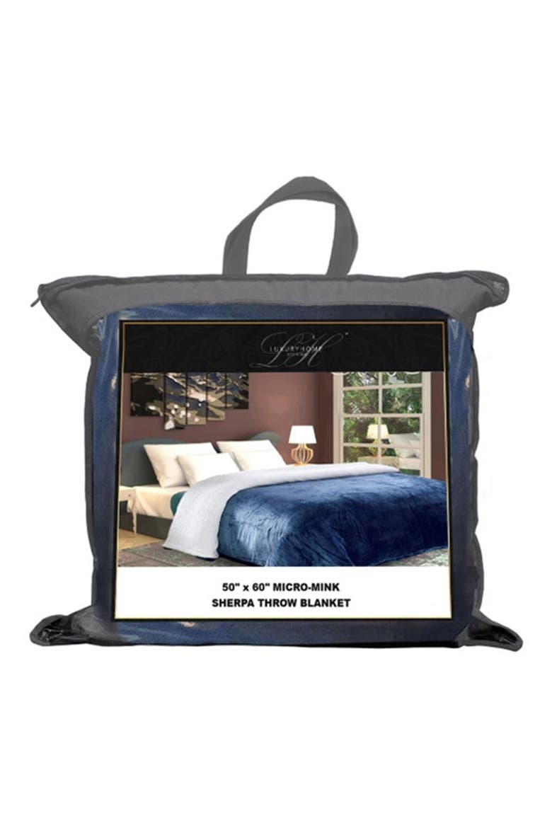 Plush Fleece & Faux Shearling Throw Blanket, Alternate, color, NAVY