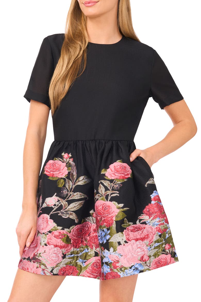 Placed Floral Short Sleeve Jacquard Fit & Flare Minidress, Alternate, color, RICH BLACK
