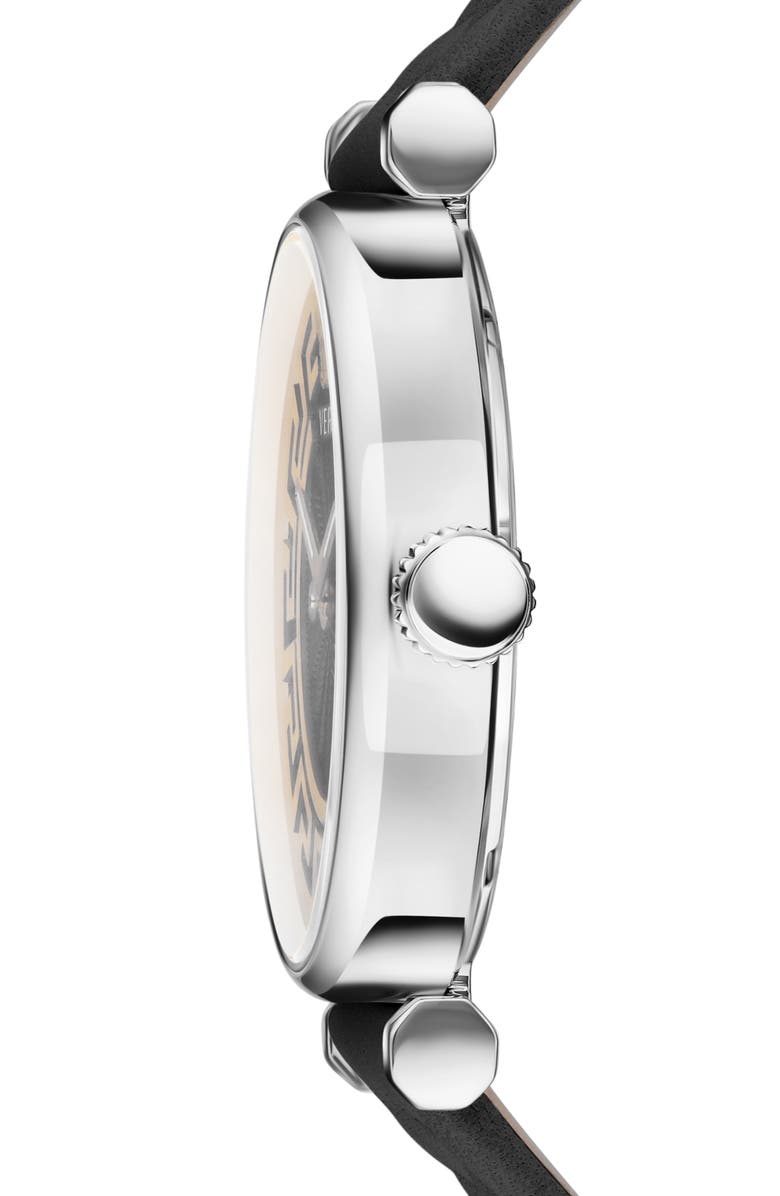 Versace Greca Chic Leather Strap Watch, 35mm, Alternate, color, Stainless Steel