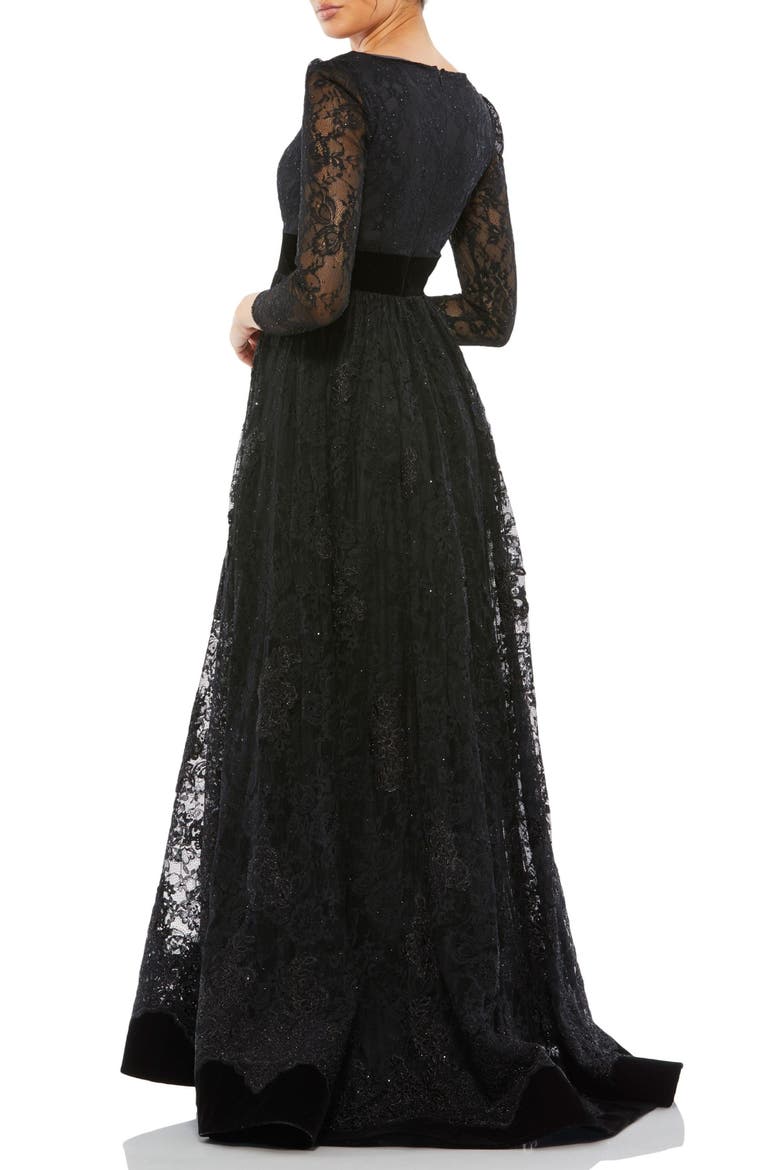 Lace Long Sleeve Wrap Over Velvet Waistband A Line, Alternate, color, Black