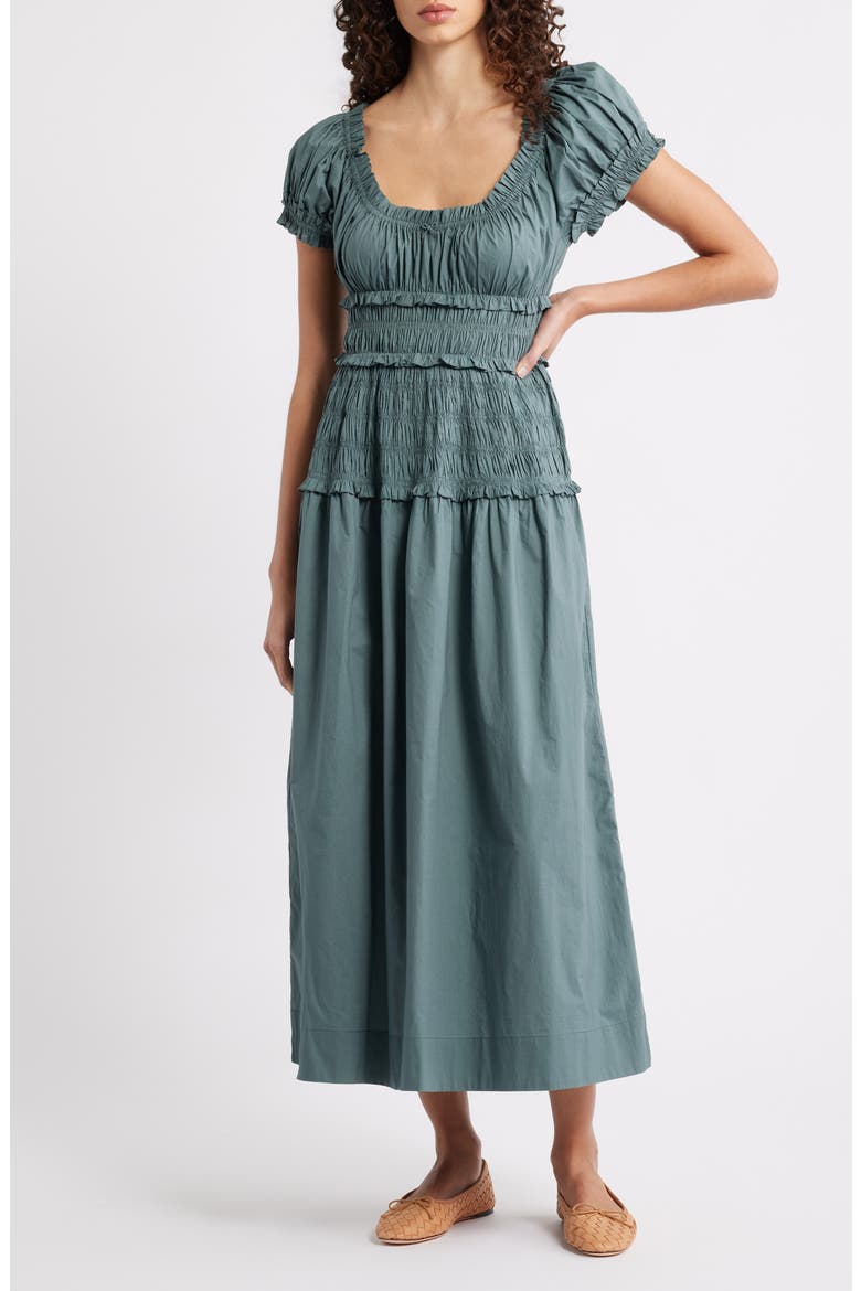 Leanne Smock Waist Tiered Organic Cotton Dress, Main, color, LAGOON