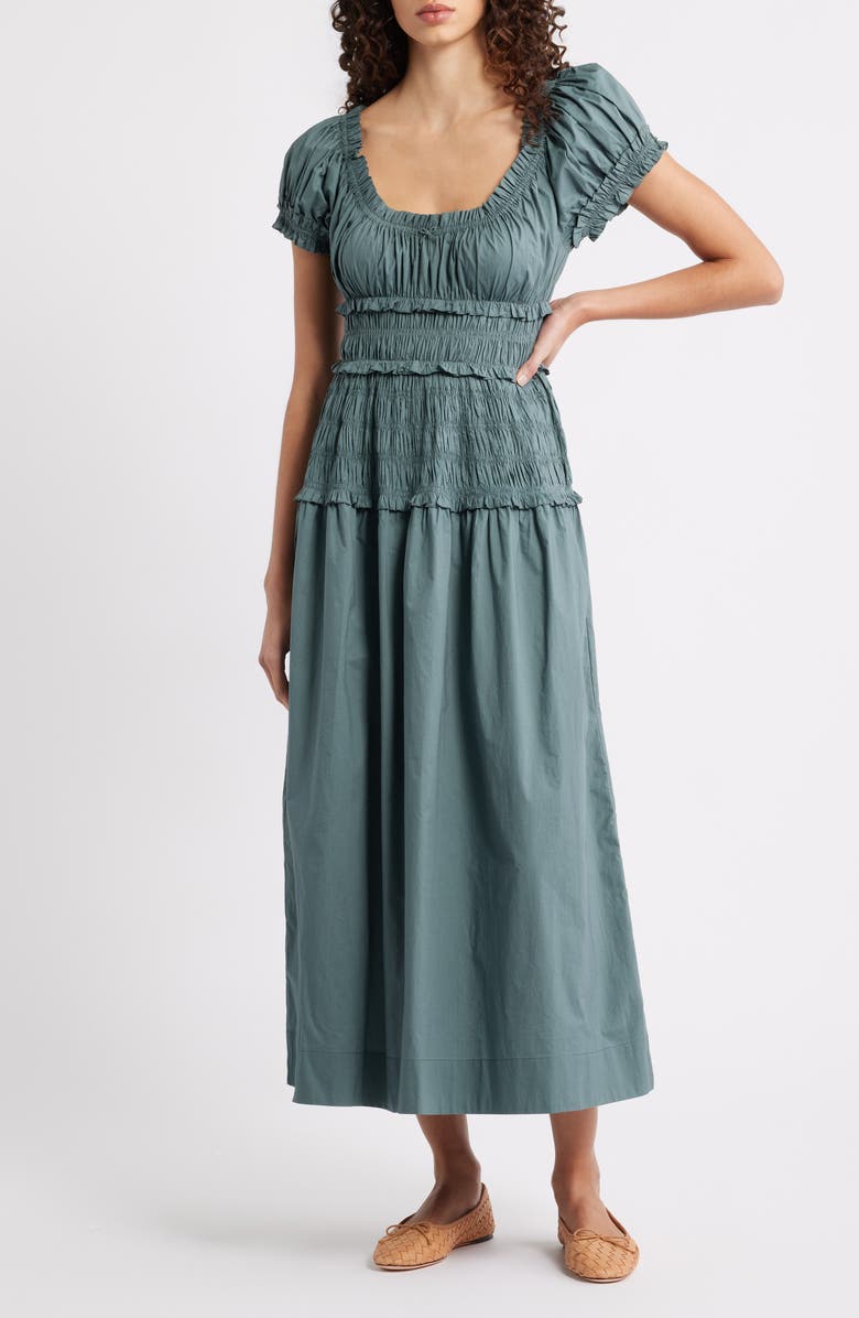 DÔEN Leanne Smock Waist Tiered Organic Cotton Dress, Main, color, Lagoon