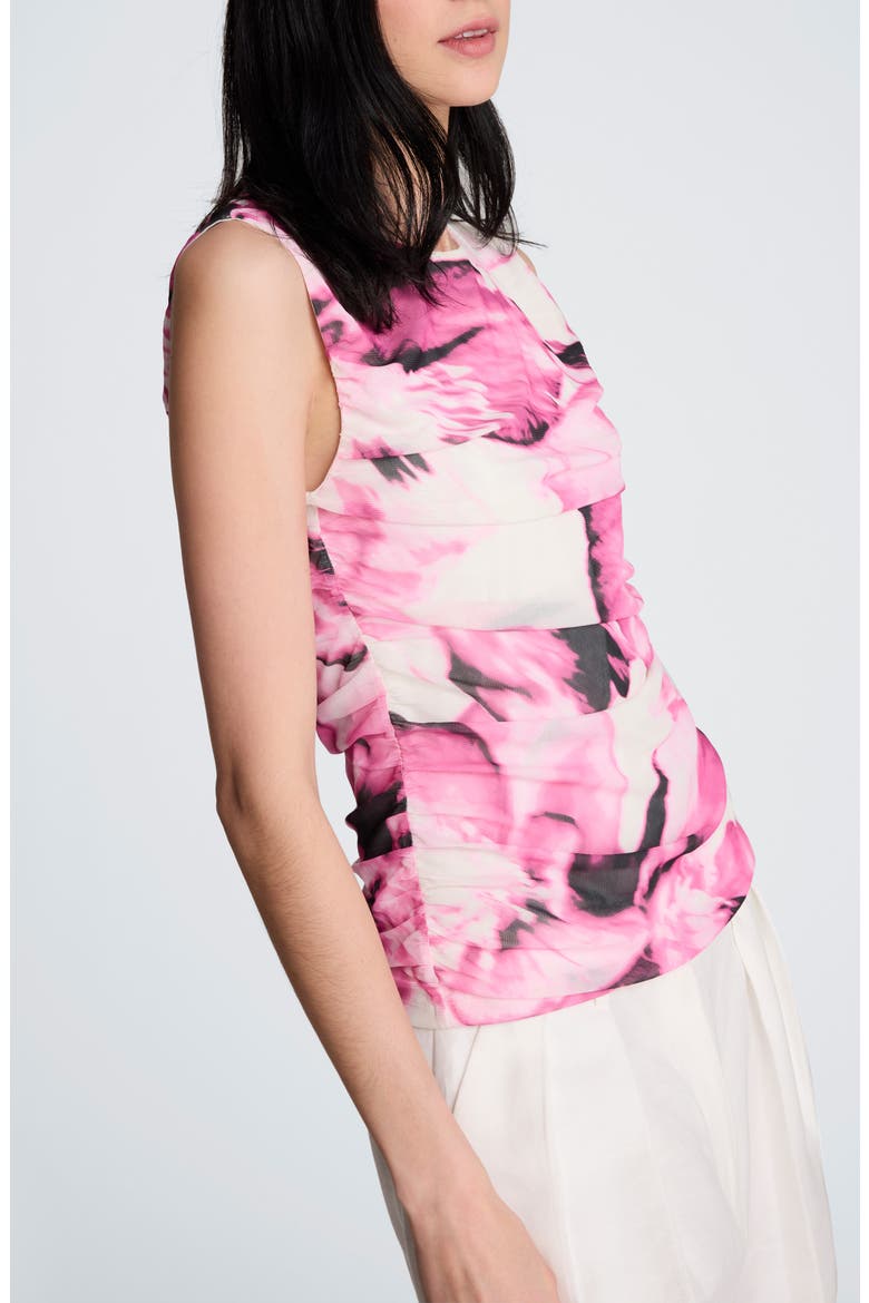Floral Print Ruched Sleeveless Mesh Top, Alternate, color, POP PINK MULTI