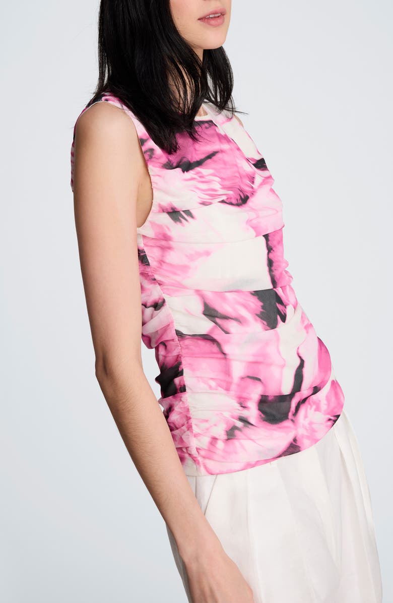 Kenneth Cole Floral Print Ruched Sleeveless Mesh Top, Alternate, color, Pop Pink Multi