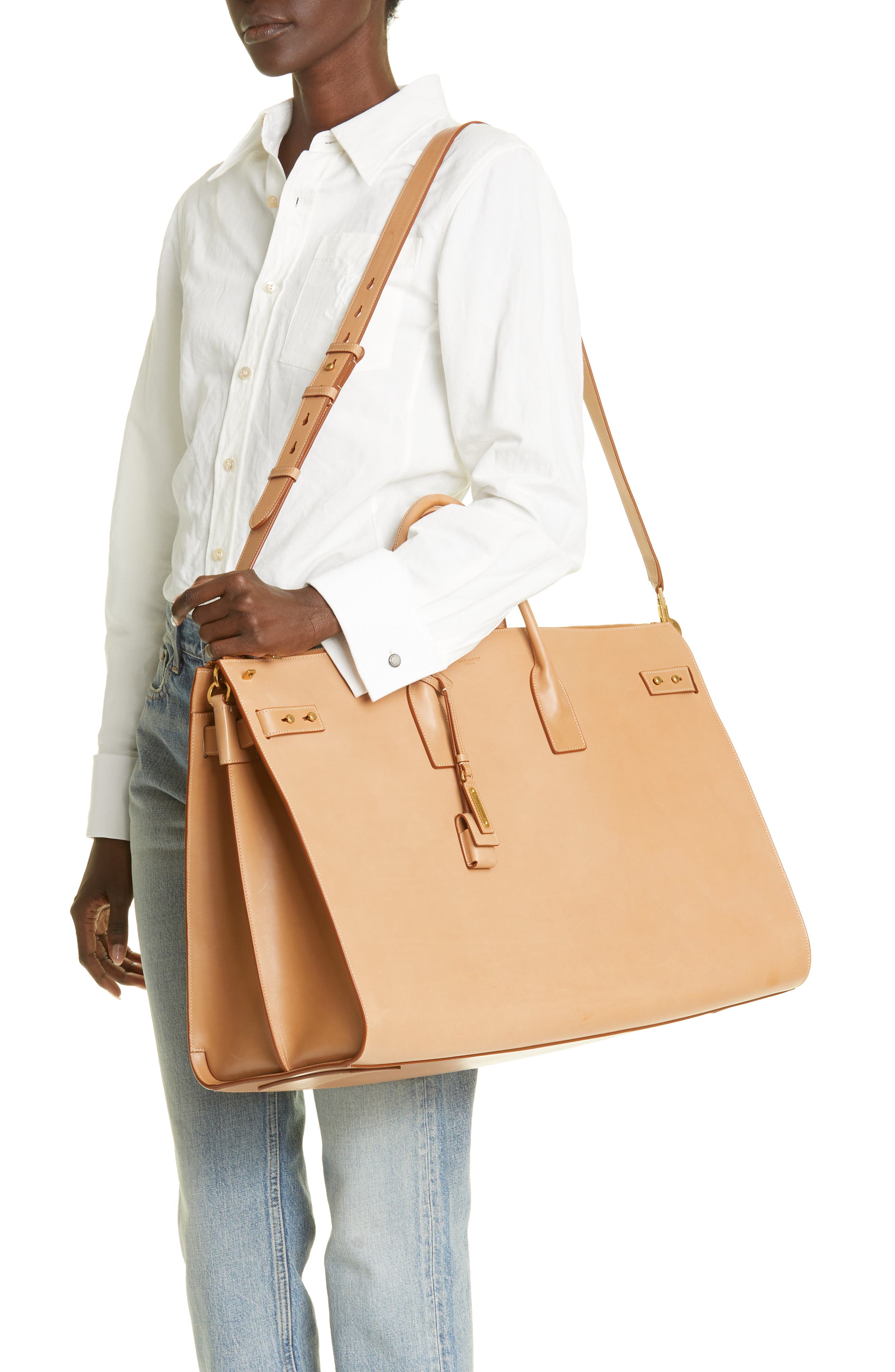 Saint Laurent Travel Sac de Jour Leather Tote, Alternate, color, Vintage Brown/ Gold