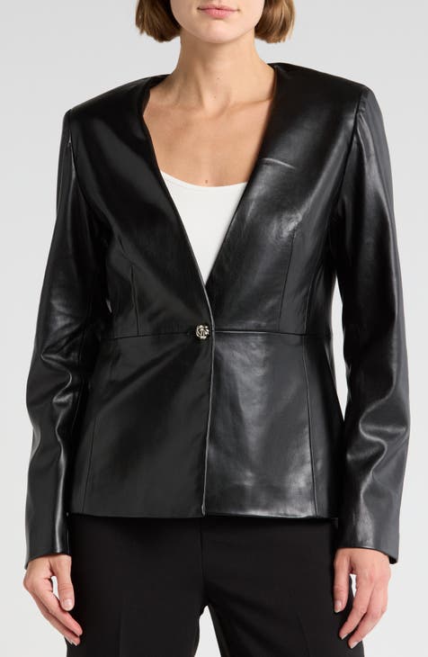 V-Neck Faux Leather Single Button Jacket