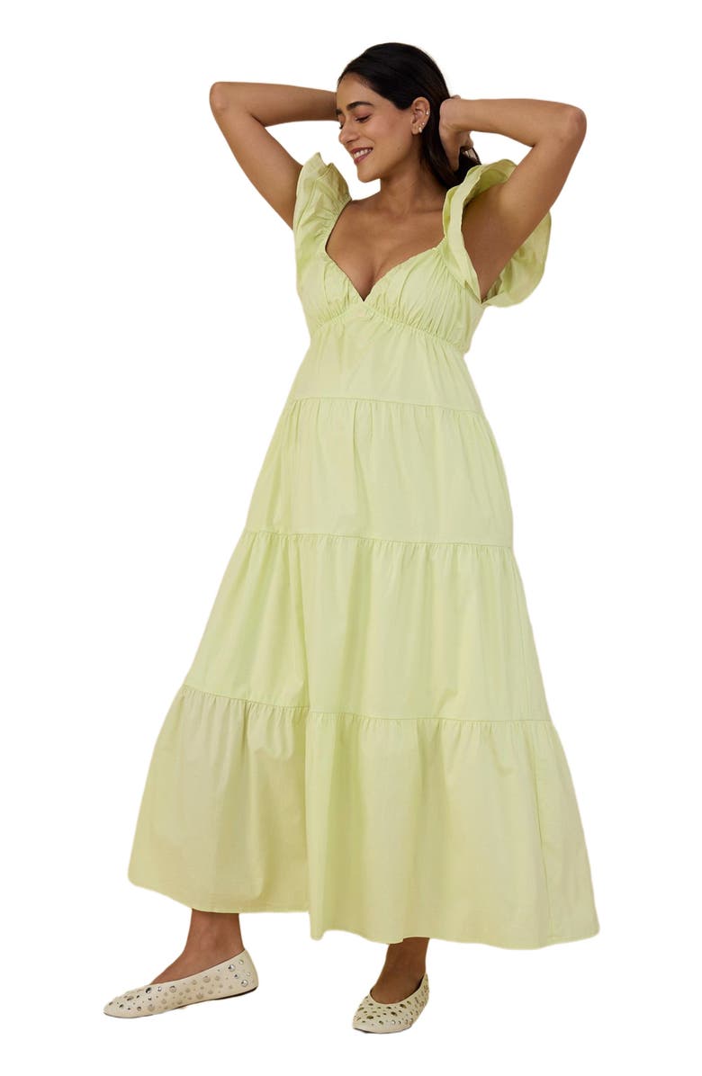 MOTHERHOOD MATERNITY Ruffle Sleeve Tie-Back Maternity Maxi Dress, Alternate, color, Soft Lime