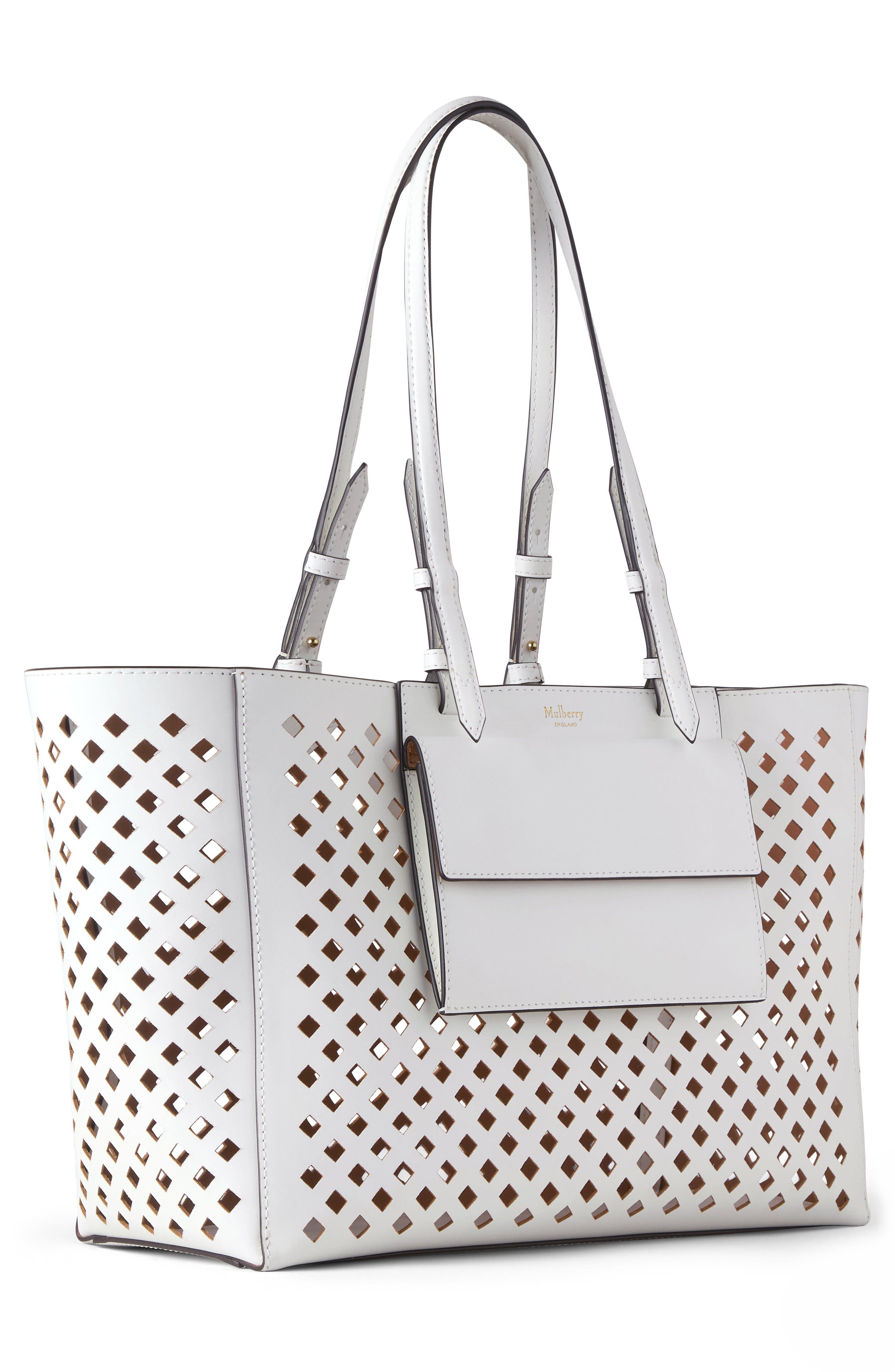 Mulberry Perforated Leather Tote, Alternate, color, White