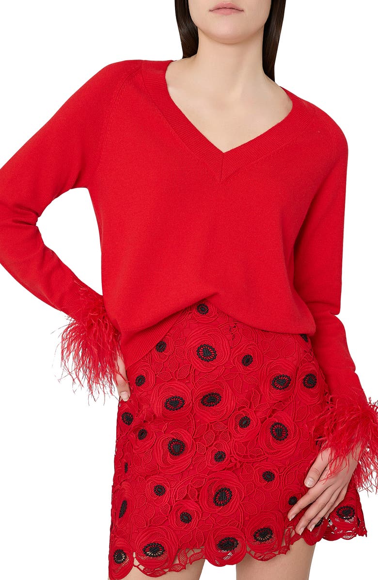 Milly Feather Cuff V-Neck Sweater, Alternate, color, Red