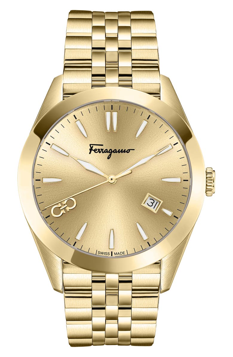 FERRAGAMO Gold Dial Bracelet Strap Watch, 42mm, Main, color, Gold