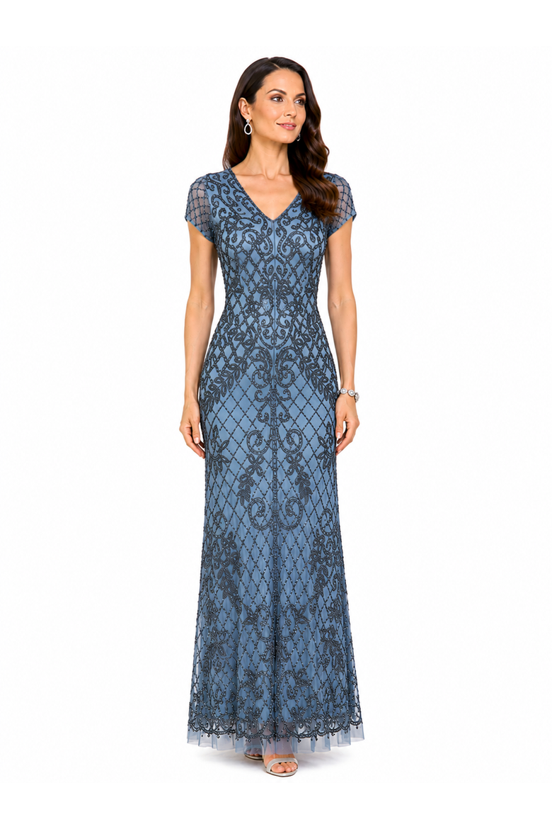 Cap Sleeve Mermaid Beaded Gown, Alternate, color, Ink Blue