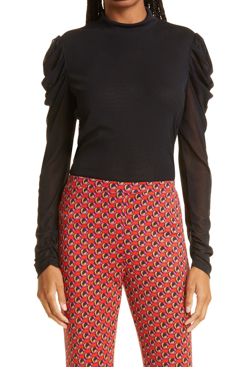 DVF Remy Ruched Mesh Top, Main, color, BLACK