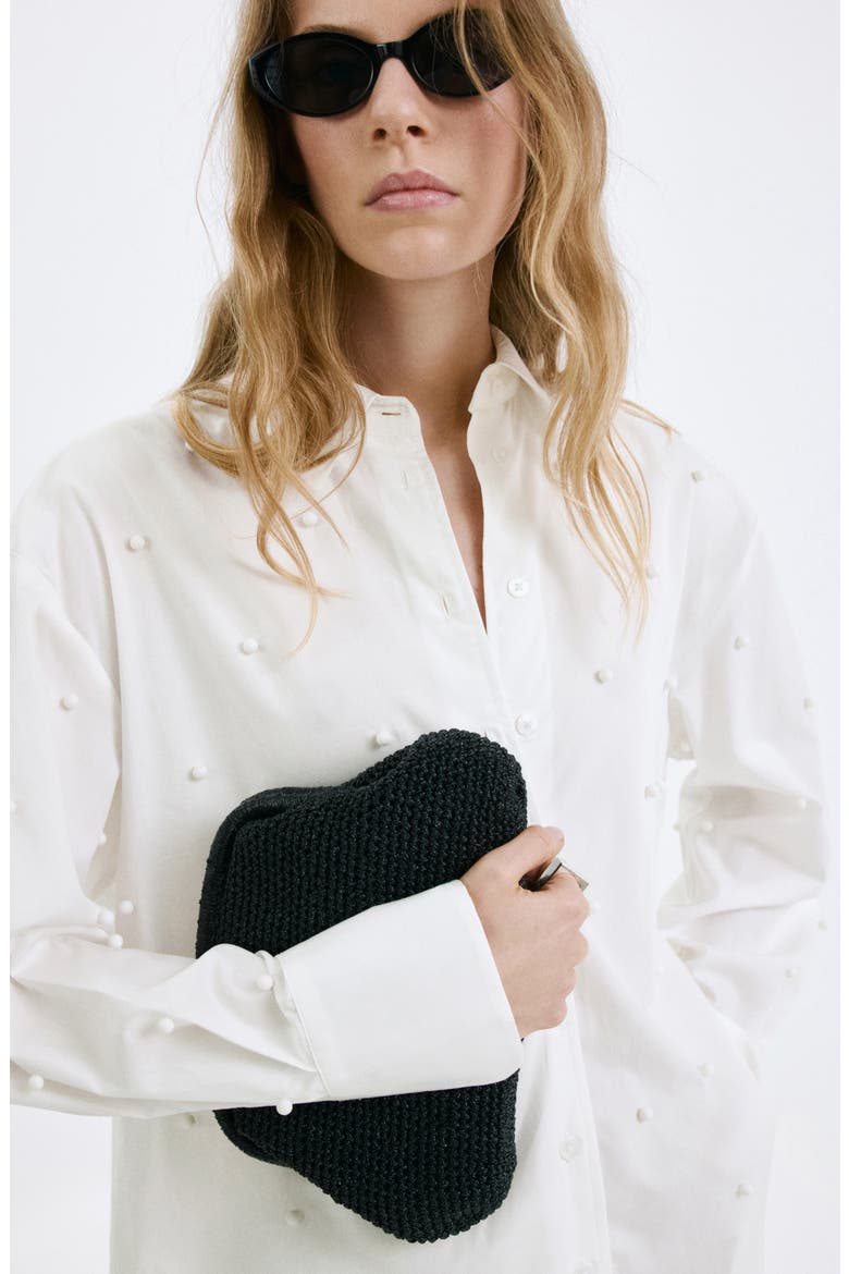 Faux Pearl Trim Button-Up Shirt, Alternate, color, OFF WHITE