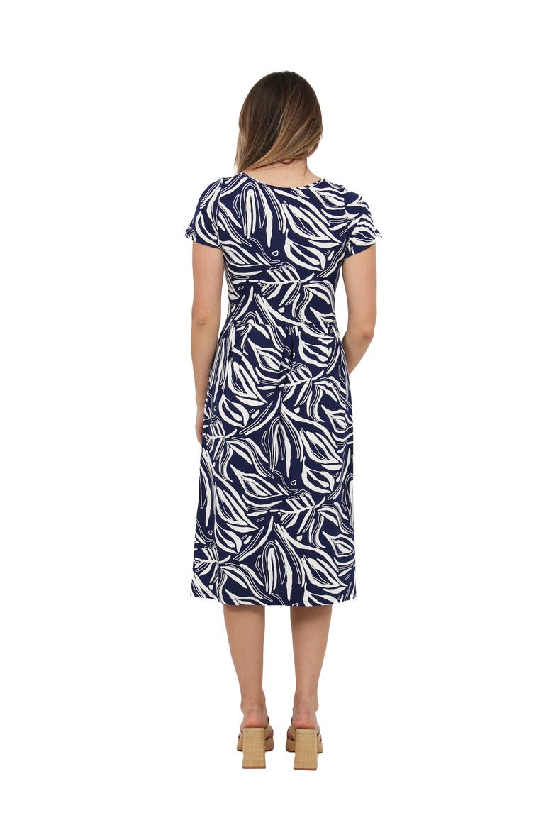 Womens Essential Abstract Print Short Sleeve Boat Neck Pleated Pocket Fit & Flare Midi Dress, Alternate, color, Navy Multi