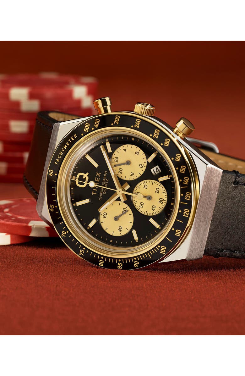 Timex<sup>®</sup> Q Chronograph Leather Strap Watch, 40mm, Alternate, color, Black
