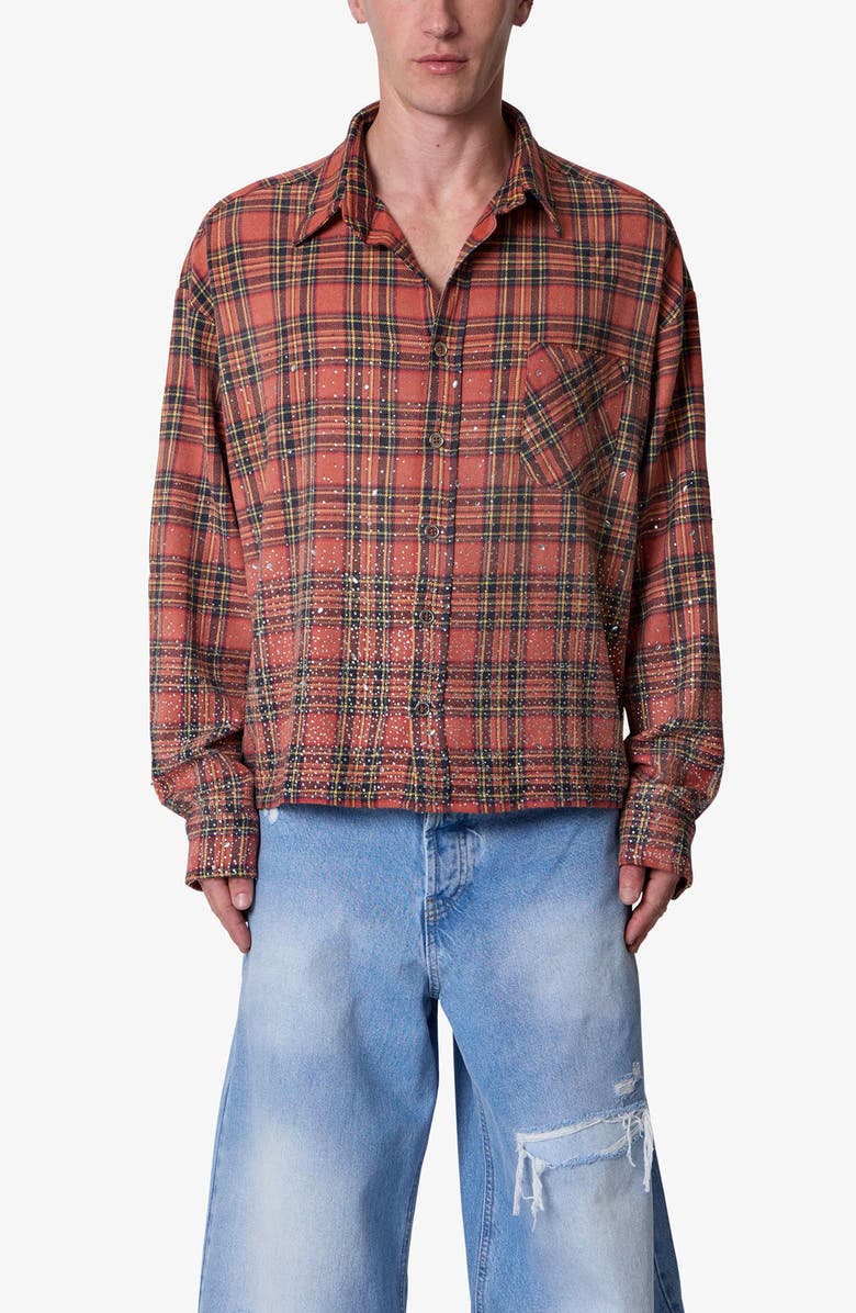 mnml Rhinestone Flannel Button-Up Shirt, Main, color, Red
