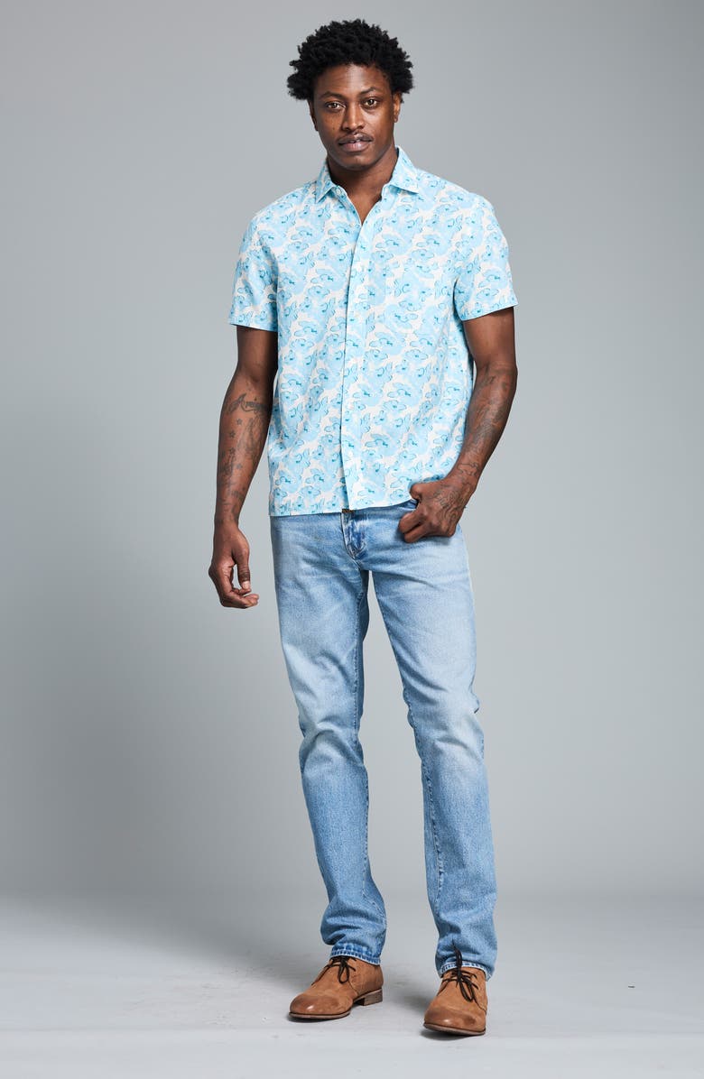 Billy Reid Painted Floral Short Sleeve Cotton Ripstop Button-Up Shirt, Alternate, color, Sky Blue Multi