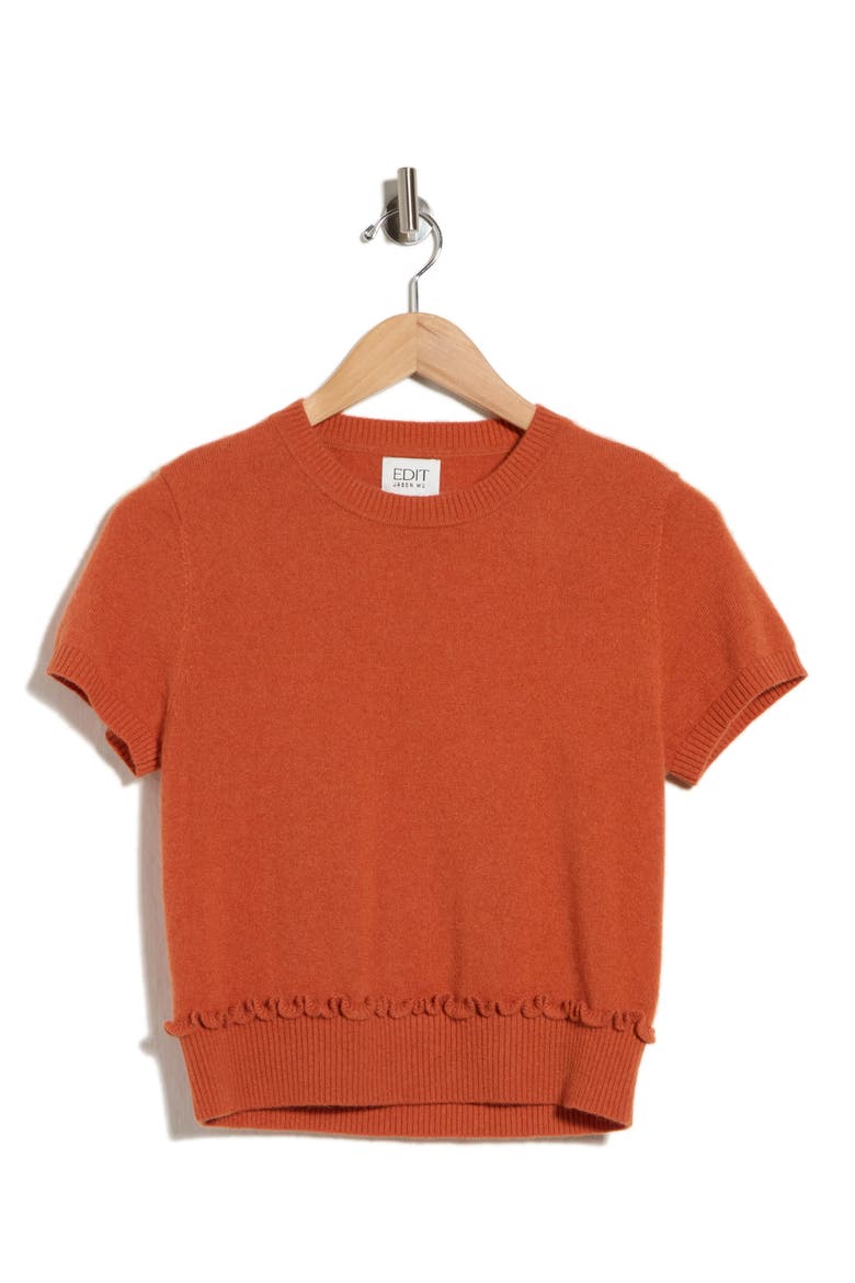 Short Sleeve Ruffle Hem Sweater, Main, color, RED CLAY