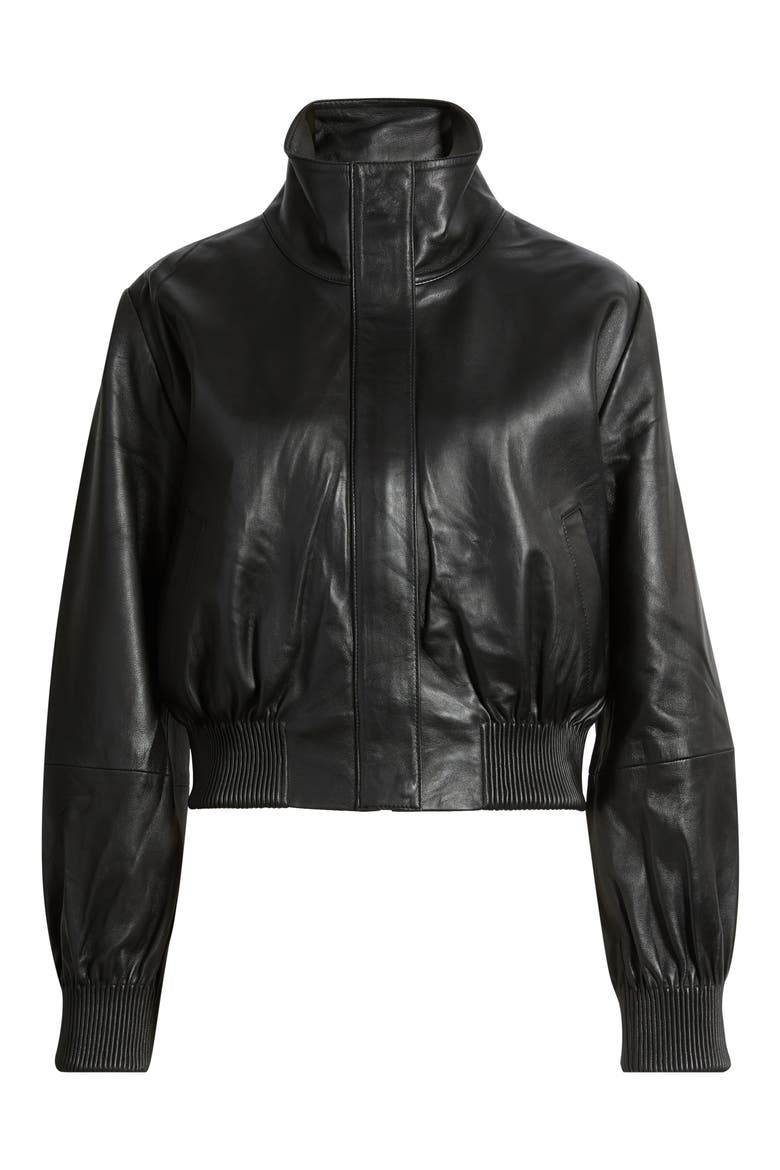 Funnel Neck Leather Bomber Jacket, Main, color, BLACK