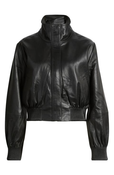 Funnel Neck Leather Bomber Jacket