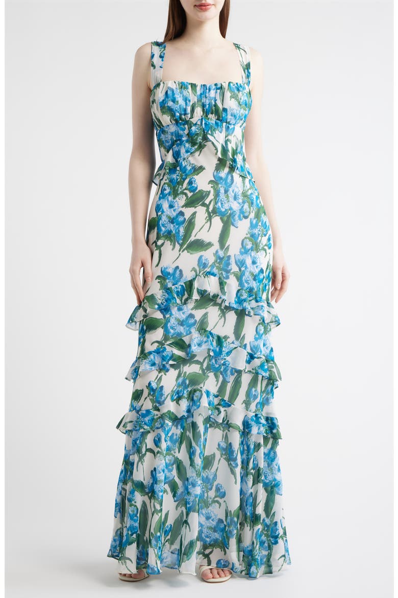 Floral Ruffle Empire Waist Chiffon Gown, Main, color, IVORY/ BLUE