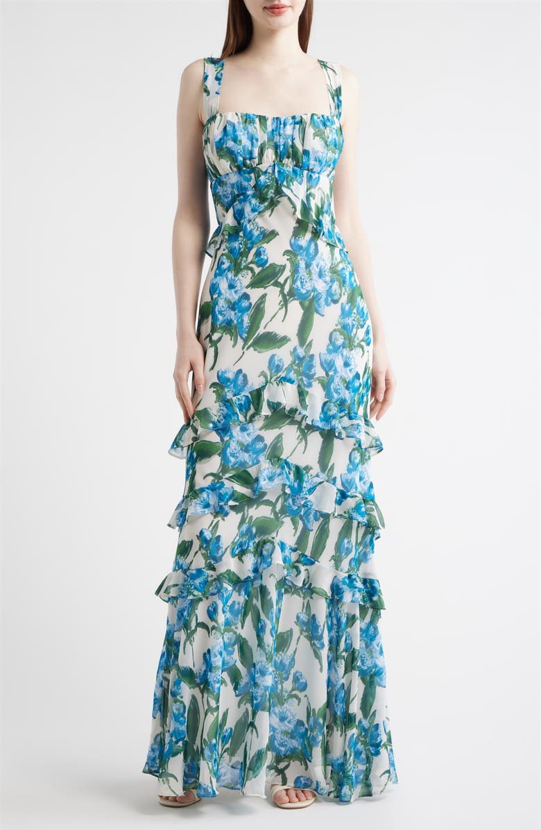 Julia Jordan Floral Ruffle Empire Waist Chiffon Gown, Main, color, Ivory/ Blue