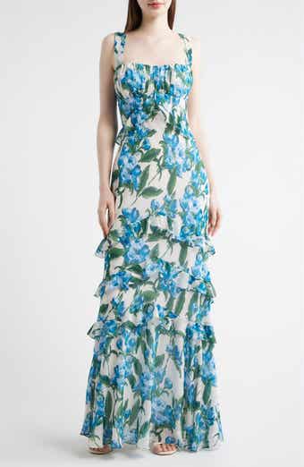 Floral Ruffle Empire Waist Chiffon Gown