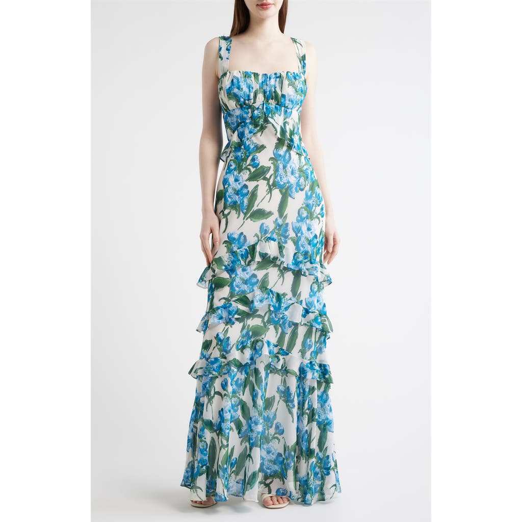 Julia Jordan Floral Ruffle Empire Waist Chiffon Gown in Ivory/blue at Nordstrom, Size 12