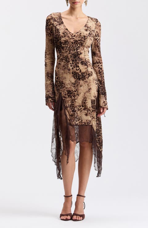 Asymmetrical Lace Trim Burnout Midi Dress